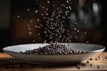 Aufkleber - Black peppercorns cascading into a plate showcasing culinary art in a warm kitchen setting during golden hour