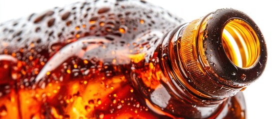 Poster - Close up of a refreshing amber glass bottle with condensation drops sparkling on a white background