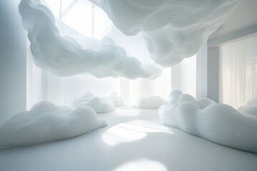 Aufkleber - Dreamy white cloud installation creates ethereal atmosphere in contemporary art space