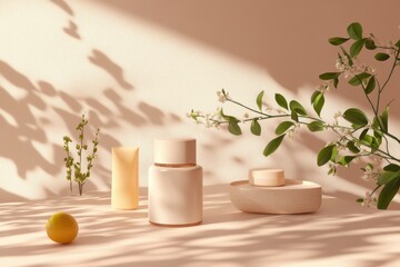 Aufkleber - Natural light bathes a minimalist display of skincare products and a small lemon on a soft surface surrounded by gentle shadows