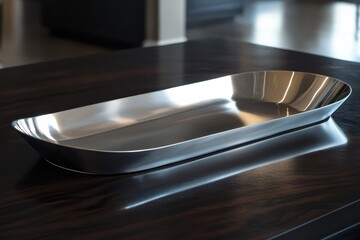 Poster - Stylish stainless steel serving tray placed on a wooden table in a modern interior setting