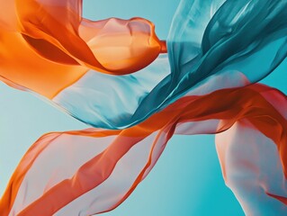 Poster - flowing fabrics in vibrant orange and teal against a serene blue sky creating a dynamic and airy abs