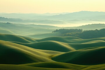 Aufkleber - Rolling green hills bathed in morning mist, creating a serene and picturesque landscape.