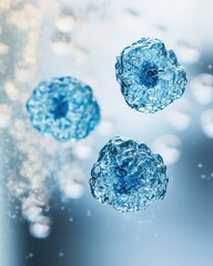 Poster - Abstract blue cell structure with water droplets and blurred background showcasing scientific research and microscopic detail for medical illustration
