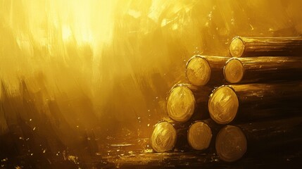 Poster - Golden Light on Stacked Logs in Artistic Style Capturing the Warmth and Natural Beauty of Wood Texture and Rustic Charm