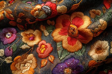 Aufkleber - Intricate floral embroidery on dark fabric, showcasing vibrant colors and detailed stitching.