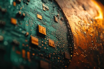 Aufkleber - Close-up of a circuit board's intricate design, showcasing its complex electronic components and pathways.