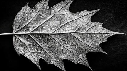 Poster - Detailed Monochrome Leaf Vein Structure with Water Droplets on Black Background Close Up Macro Shot