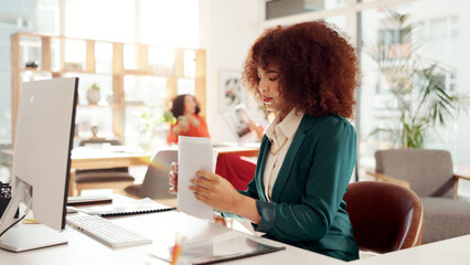 Poster - Woman, documents and admin at startup at office for project management, review and business proposal. Person, paperwork and report for feedback, deadline and notes with career at creative agency