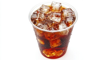 Poster - Refreshing cola beverage with ice cubes in clear plastic cup on white background studio shot