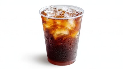 Poster - Refreshing iced coffee in a clear plastic cup with ice cubes and condensation on a white background offering a cool and invigorating vibe