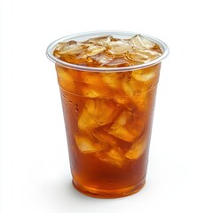 Poster - Refreshing iced tea with ice cubes in a clear plastic cup on a clean white background studio shot