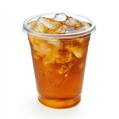 Poster - Refreshing iced tea in a clear plastic cup with ice cubes on a clean white background studio shot beverage