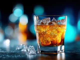 Poster - Elegant whiskey glass filled with ice cubes on dark surface with blurred city lights background