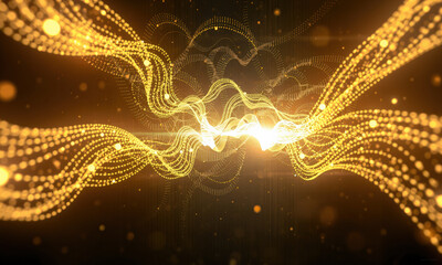 Poster - mesmerizing abstract background featuring flowing golden waves and glowing particles, creating sense of movement and energy. Ideal for digital art and design projects