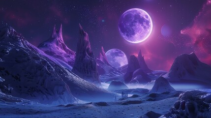 Wall Mural - The image is a beautiful landscape of an alien planet. The planet is covered in snow and ice, and there are two moons in the sky.