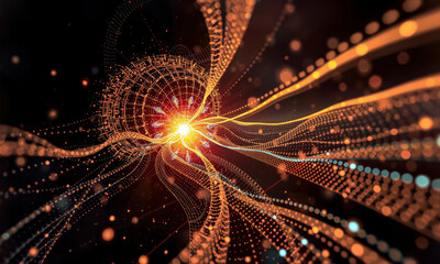 Poster - vibrant abstract representation of energy flow, featuring glowing particles and swirling lines in orange and blue tones, creating sense of movement and depth