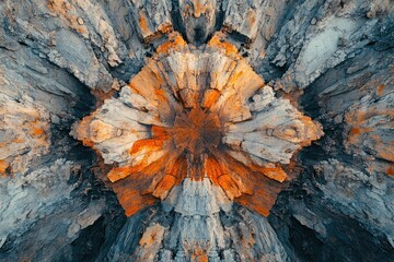 Leinwandbilder - Abstract kaleidoscope of weathered wood, showcasing vibrant orange and grey textures in a symmetrical pattern.