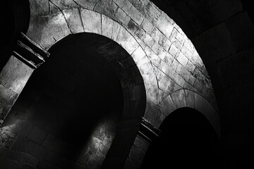 Poster - Black and white photo of stone arches in a dark, mysterious space, creating a dramatic architectural effect.