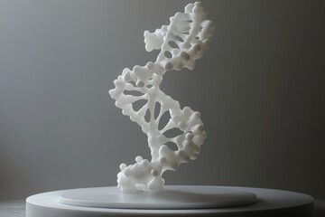 Poster - A 3D-printed, white sculpture resembling a DNA double helix, intricately detailed and displayed on a circular base.