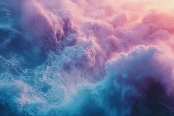 Poster - A breathtaking view of powerful ocean waves crashing, painted in vibrant blue and pink hues at sunset.