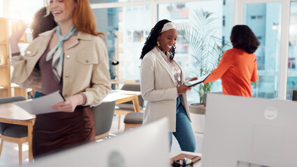 Poster - Woman, busy office and documents with tablet at startup with planning, schedule and deadline with team. People, tech and paperwork for task, app and happy for report with feedback at creative agency