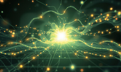 Fototapete - vibrant digital landscape showcasing glowing particles and flowing lines, representing energy and movement in futuristic setting. scene evokes sense of wonder and exploration
