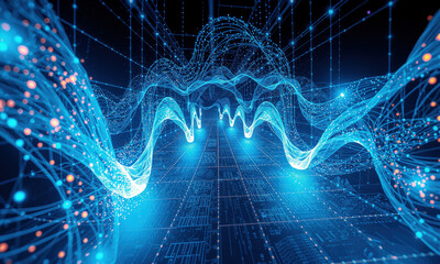 Fototapete - futuristic digital landscape featuring glowing blue waves and interconnected lines, representing data flow and technology. scene evokes sense of innovation and advanced visualization