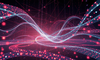 Poster - vibrant digital landscape featuring flowing waves of light and colorful particles, creating sense of movement and energy in futuristic setting