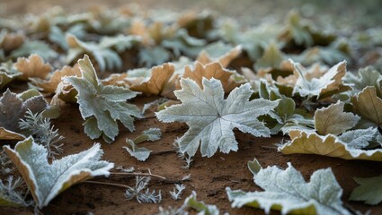Poster - oak leaves covered in frost on the ground, highlighting intricate icy details