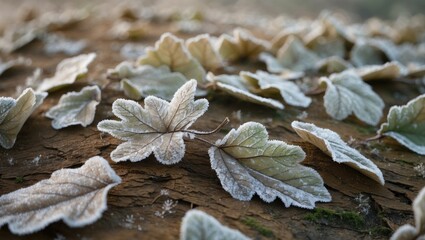 Poster - intricate icy details of frost-covered oak leaves resting on the ground