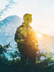 Wall Mural - Silhouette of a Man Merged with a Forest Landscape with Mountains and Sunlight in a Double Exposure