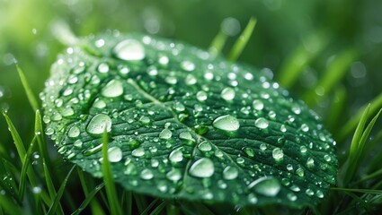 Poster - Detailed macro image of droplets on grass and foliage
