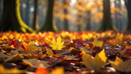Poster - Close-up shot of dropped leaves in the woods, shallow depth of field