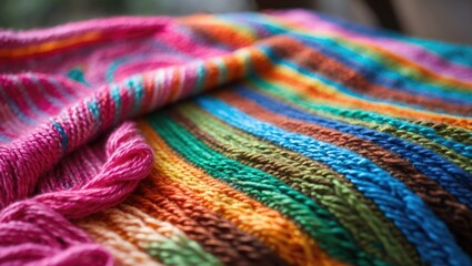Poster - Multicolored plaid made from various yarns. Knitted fabric, woolen item, crafts, leisure activities, knitting, stitching. Close-up view, backdrop.