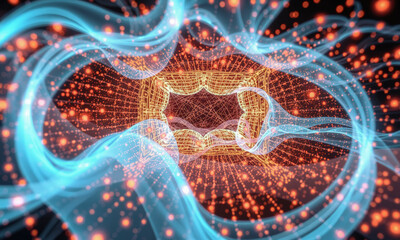 Poster - mesmerizing abstract visualization featuring flowing blue and orange waves intertwined with glowing particles, creating sense of depth and movement. design evokes feeling of energy and dynamism