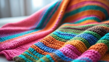 Poster - Diverse yarns form a colorful plaid. Knitted texture, woolen creation, at-home crafts, hobbies, knitting, embroidery. Close-up detail, background.