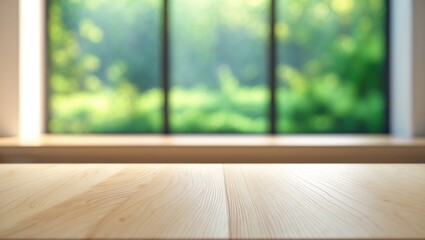 Poster - Bare wooden tabletop with a blurred abstract green garden view from the window in the morning for montage product showcasing or visual design layout