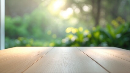 Poster - Empty wooden tabletop overlooking a blurred abstract green garden view from the window in the morning for product display montage or visual design layout