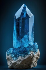 Poster - Captivating close up of a vibrant blue aquamarine crystal formation on a rough stone base against a dark background