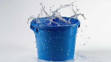 Poster - Dynamic splash of water erupting from a vibrant blue bucket against a clean white backdrop studio shot