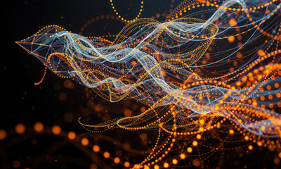 Poster - Abstract digital art featuring flowing lines and glowing dots, representing data visualization and technology. vibrant colors create dynamic and energetic atmosphere