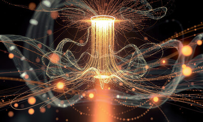 Poster - mesmerizing digital artwork depicting glowing, abstract structure surrounded by flowing lines and luminous particles, creating sense of energy and movement