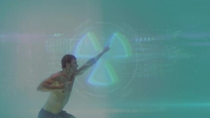 Poster - swimming underwater, man interacting with glowing animation and digital interface