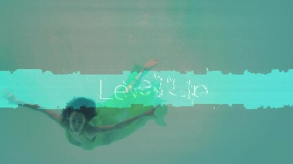Poster - Swimming underwater, woman with glitch text animation overlaying scene