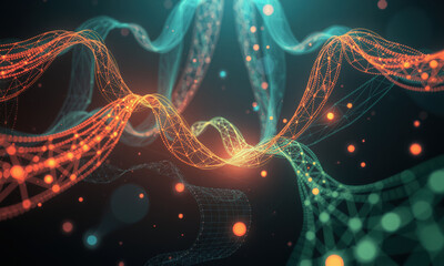 Poster - vibrant abstract representation of interconnected lines and nodes, showcasing blend of orange and teal colors, symbolizing data flow and digital connectivity. image evokes sense of innovation