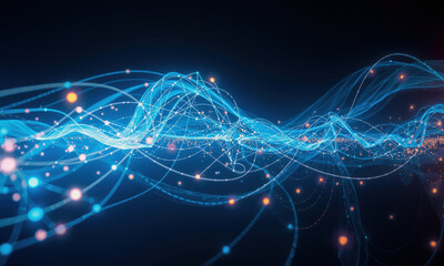 Poster - vibrant abstract representation of flowing blue light waves with glowing particles, creating sense of movement and energy in digital space