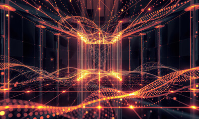 Poster - vibrant digital space filled with glowing lines and dots, creating mesmerizing visual effect that evokes sense of depth and movement. scene is dynamic and futuristic