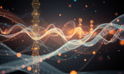 Poster - Abstract digital art featuring flowing waves and particles in vibrant colors, creating sense of movement and energy. design evokes futuristic and dynamic atmosphere
