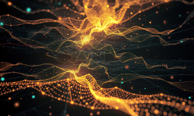 Poster - mesmerizing abstract representation of flowing waves and particles, showcasing vibrant orange and blue colors against dark background, evoking sense of depth and movement